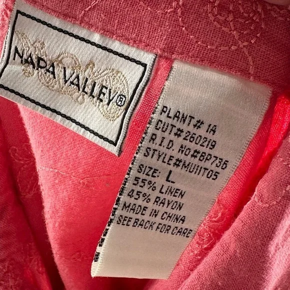 Napa Valley top L pink coral 55% linen floral button down coastal 90s vintage